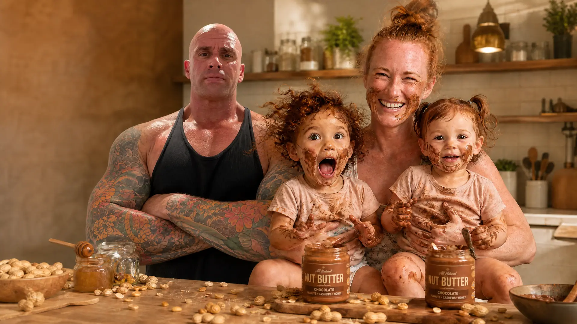 The Daddy's Nuts family — bald tattooed dad, redhead wife, twin ginger girls